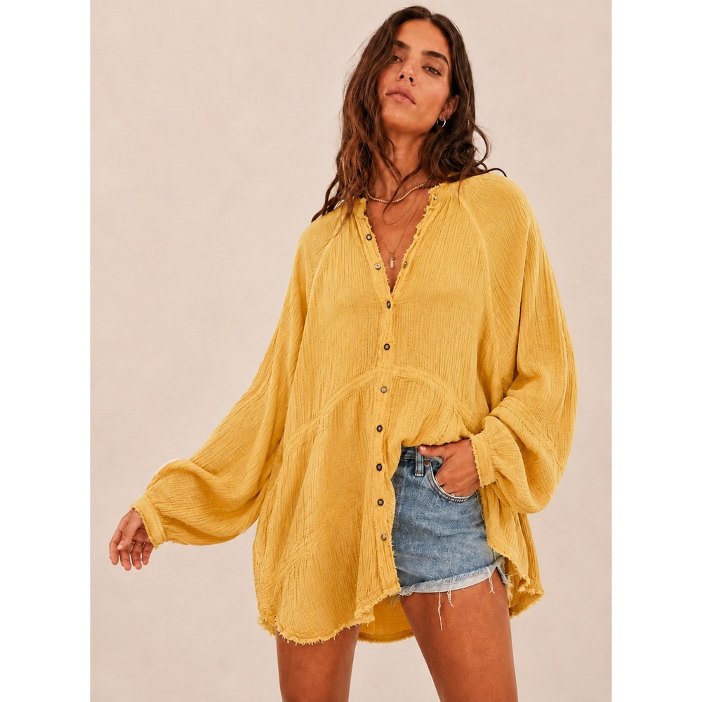 We The Free Summer Daydream Buttondown Sz XL Oversized Saffron Gauzy Raw Hem